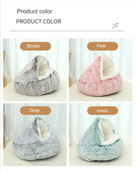 2-in-1 Cat Bed Winter Plush - Convertible Sleeping Bag & Round Cushion Pet Bed