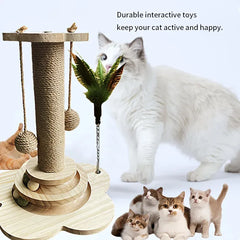2-in-1 Indoor Cat Scratching Post – Sisal Scratching Pad with Ball Track & Teaser Wand