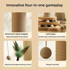 2-in-1 Indoor Cat Scratching Post – Sisal Scratching Pad with Ball Track & Teaser Wand