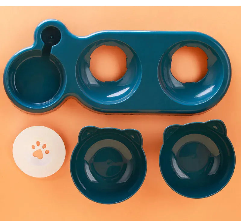 3-in-1 Cat Feeder & Water Dispenser - Ergonomic Double Bowl with Food Storage