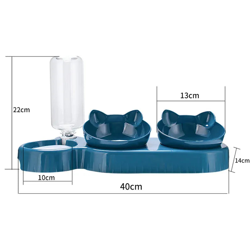 3-in-1 Cat Feeder & Water Dispenser - Ergonomic Double Bowl with Food Storage
