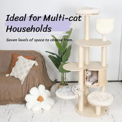64" Tall Cat Tree - Wooden Cat Tower with Condo, Hammock & Perch Modern