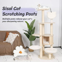64" Tall Cat Tree - Wooden Cat Tower with Condo, Hammock & Perch Modern