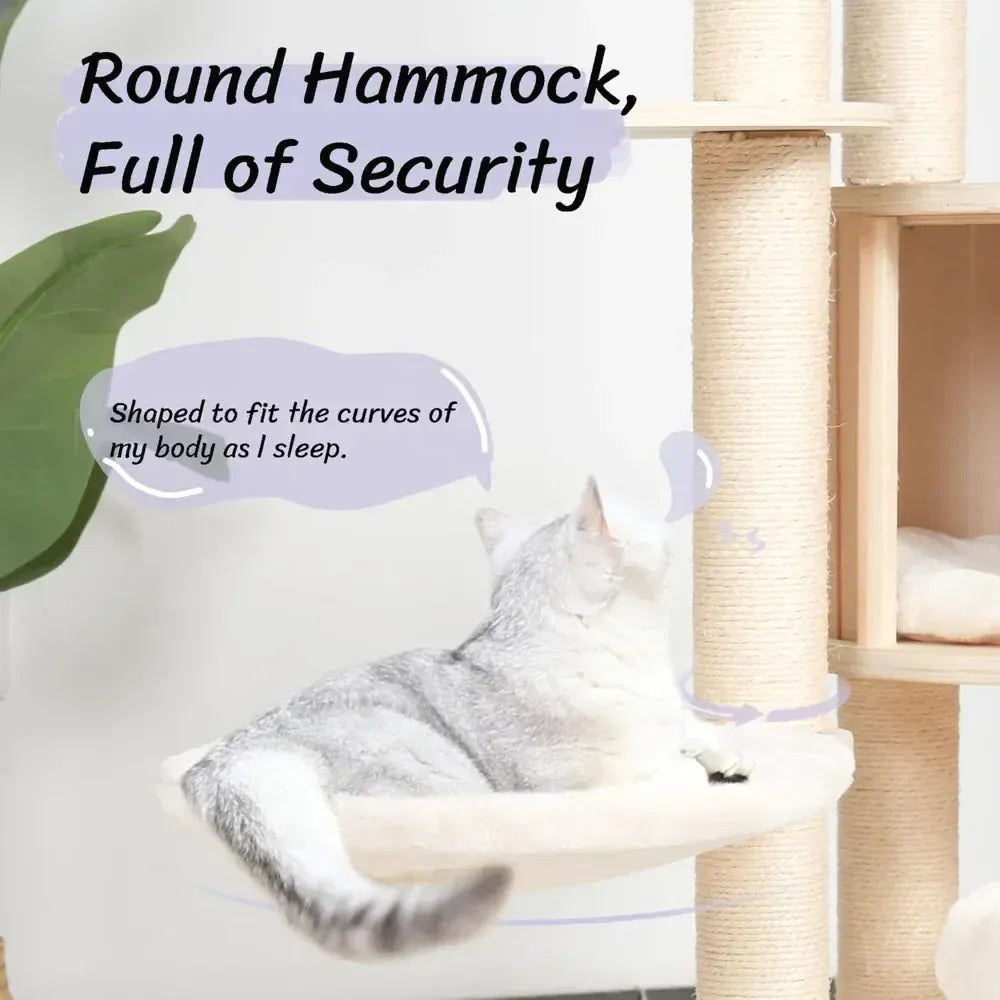 64" Tall Cat Tree - Wooden Cat Tower with Condo, Hammock & Perch Modern