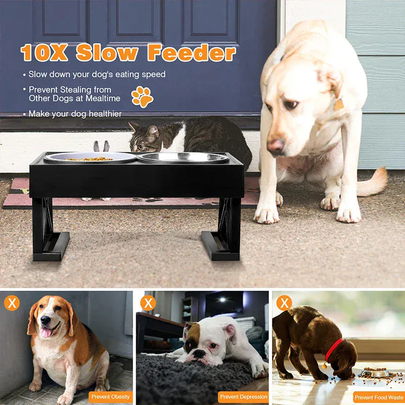 Adjustable Elevated Dog Bowl Stand - 3-Height Raised Feeder with Slow Feed Inserts