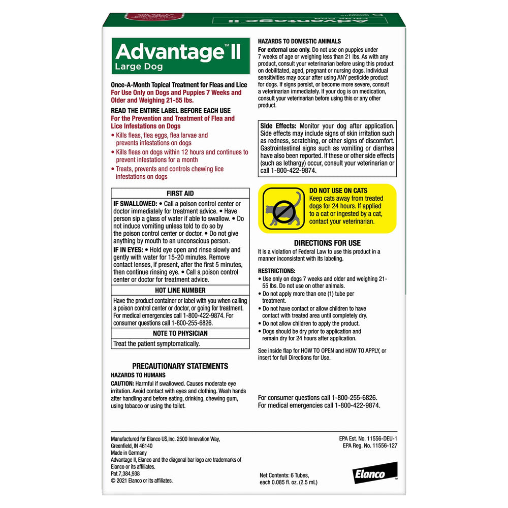 Advantage II Large Dog – Vet-Recommended Flea Treatment & Prevention for Dogs 21-55 lbs, 6-Month Supply