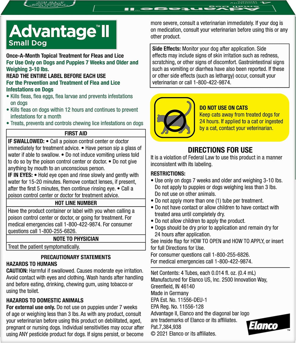 Advantage II Small Dog – Vet-Recommended Flea Treatment & Prevention for Dogs 3-10 lbs, 4-Month Supply