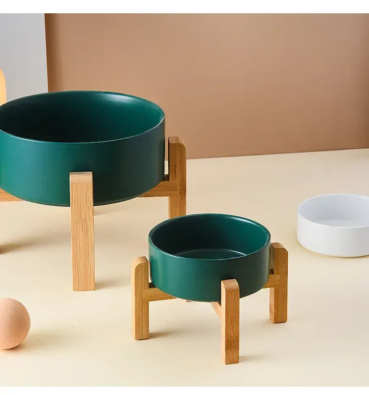 Ceramic Elevated Dog Bowl Stand - 1800ml Double Feeder with Wooden Base