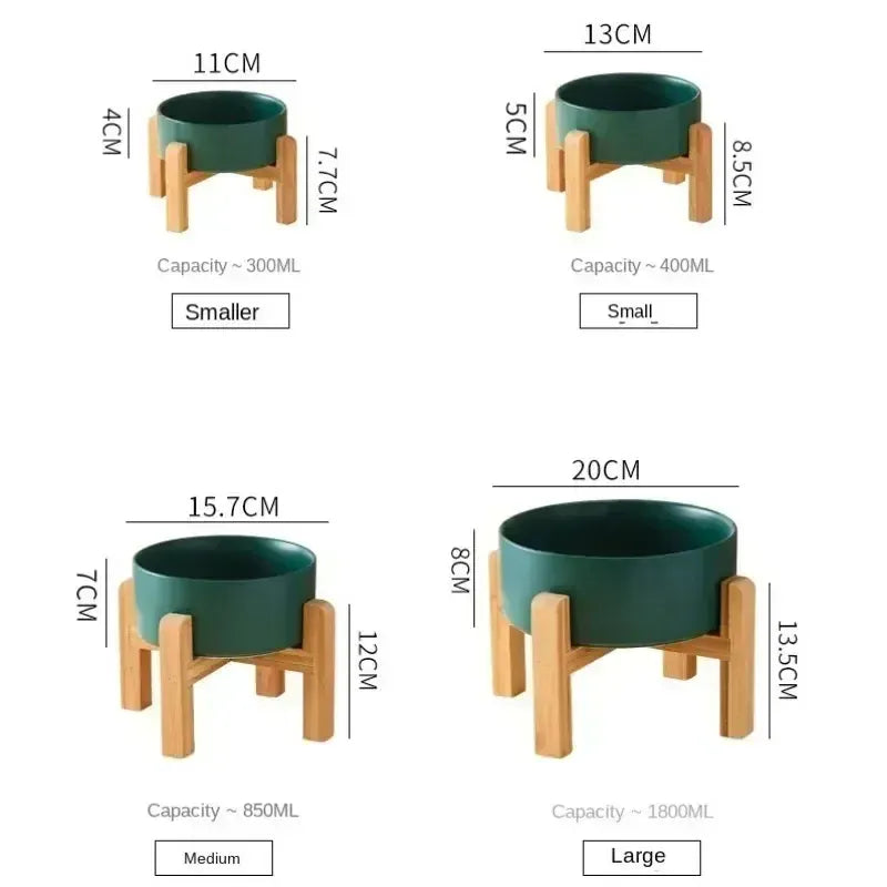 Ceramic Elevated Dog Bowl Stand - 1800ml Double Feeder with Wooden Base