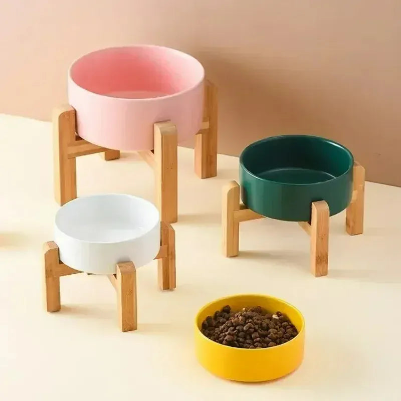 Ceramic Elevated Dog Bowl Stand - 1800ml Double Feeder with Wooden Base