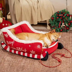 Christmas Pet Sofa Bed - Sleigh Design Cat Dog Bed with Removable Frame, Winter Warm Plush Cushion for Small Medium Pets