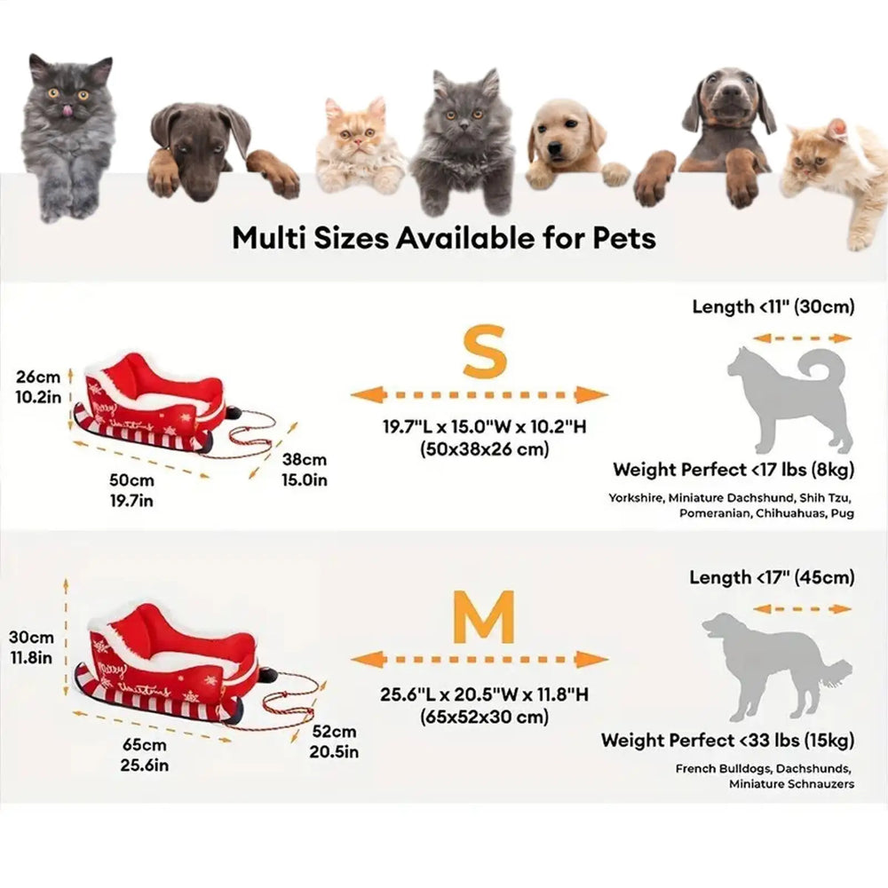 Christmas Pet Sofa Bed - Sleigh Design Cat Dog Bed with Removable Frame, Winter Warm Plush Cushion for Small Medium Pets
