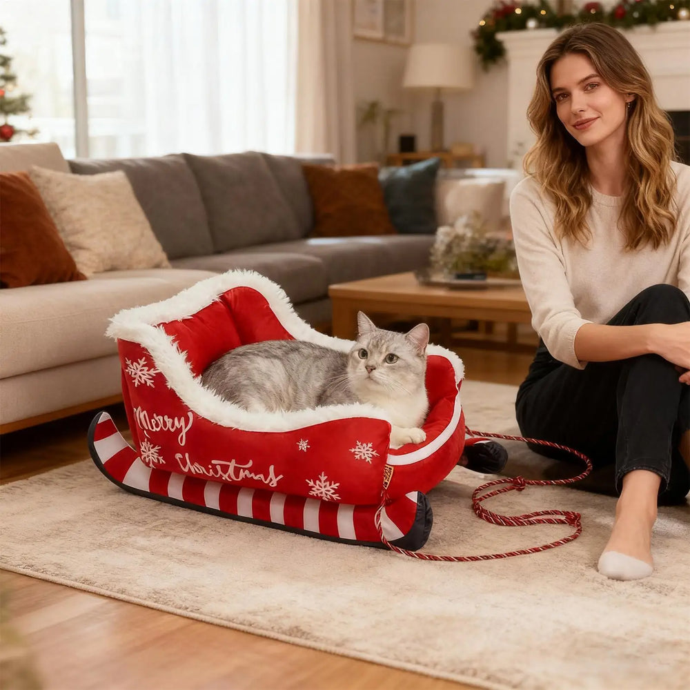 Christmas Sleigh Pet Bed – Warm Washable Dog & Cat Cushion with Non-Slip Base