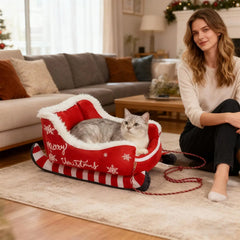 Christmas Sleigh Pet Bed – Warm Washable Dog & Cat Cushion with Non-Slip Base