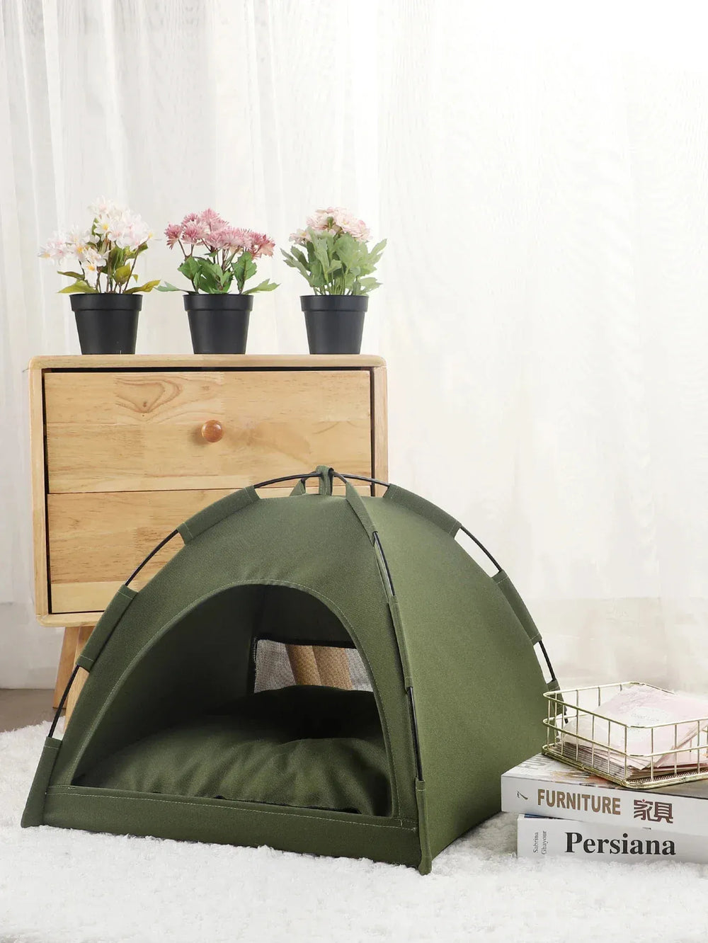 Clamshell Pet Tent Bed - Breathable Four Seasons Cat House with Warm Cushion