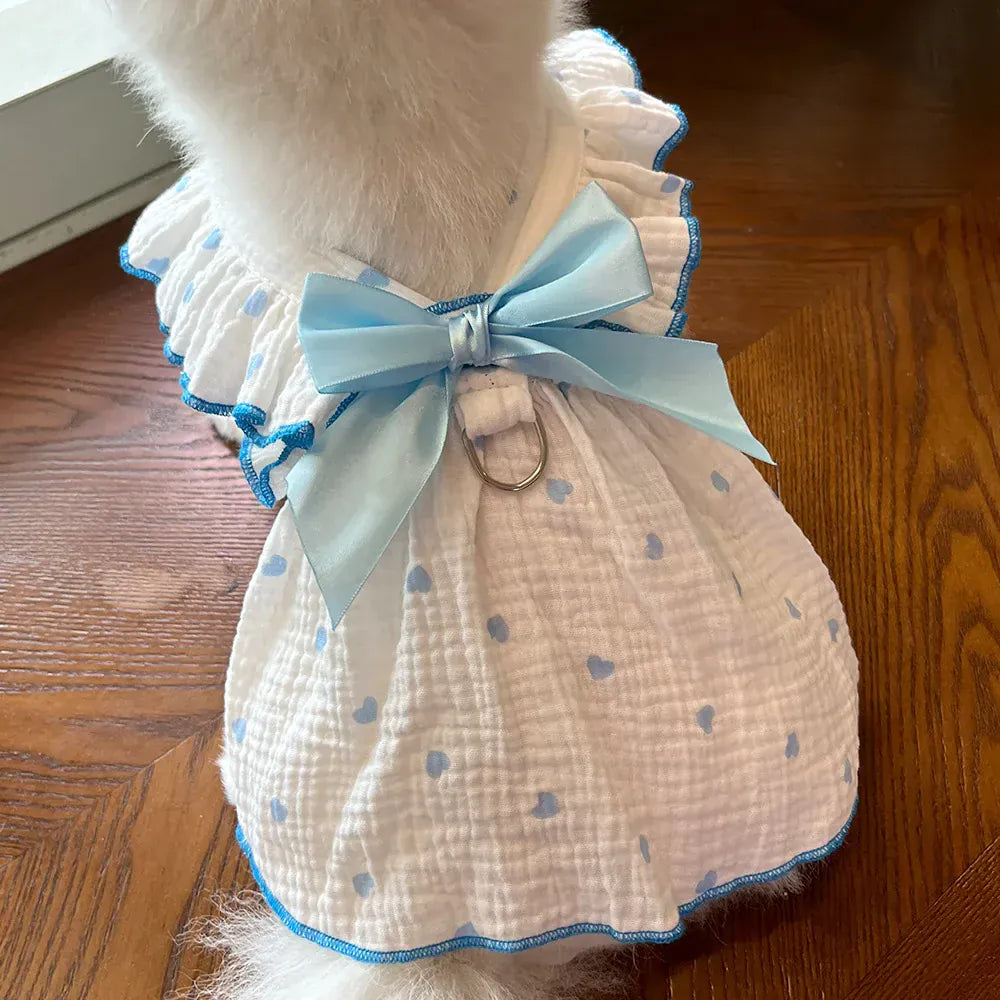 Cute Heart Print Pet Dress – Spring & Summer Cotton Outfit for Dogs & Cats | Lightweight Puppy Clothes for Small Pets