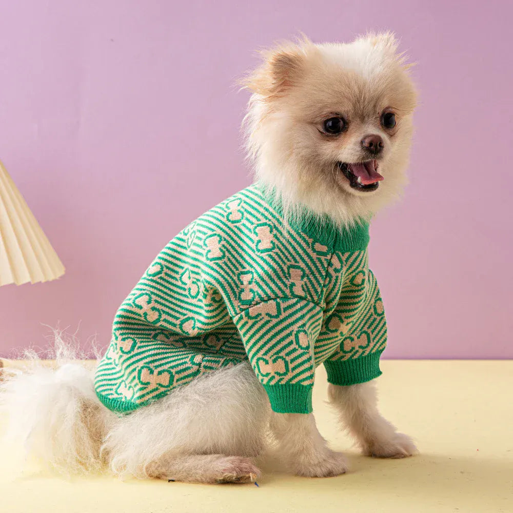 Designer Dog Sweater - Luxury Winter Warm Pet Apparel in Green & Pink
