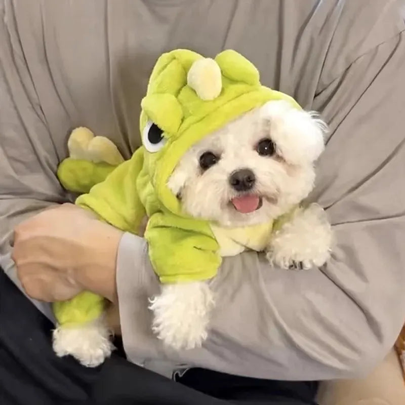 Dinosaur Transforming Dog Clothes - Flannel Winter Jumpsuit with Fun Costume Design
