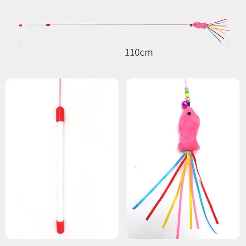 Elastic Cat Teaser Wand Toy | Interactive Plush Fish Stick | Funny Kitten Play Toy
