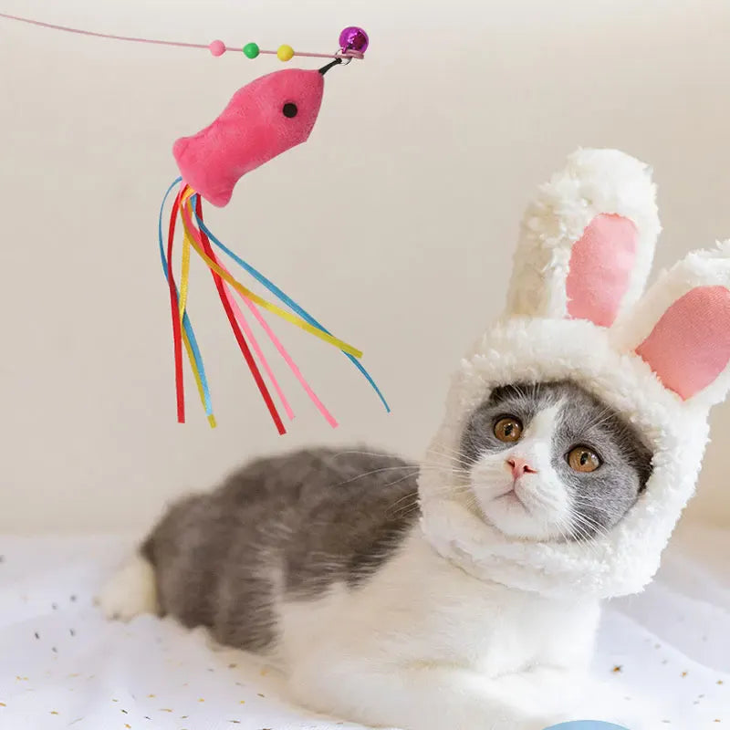 Elastic Cat Teaser Wand Toy | Interactive Plush Fish Stick | Funny Kitten Play Toy