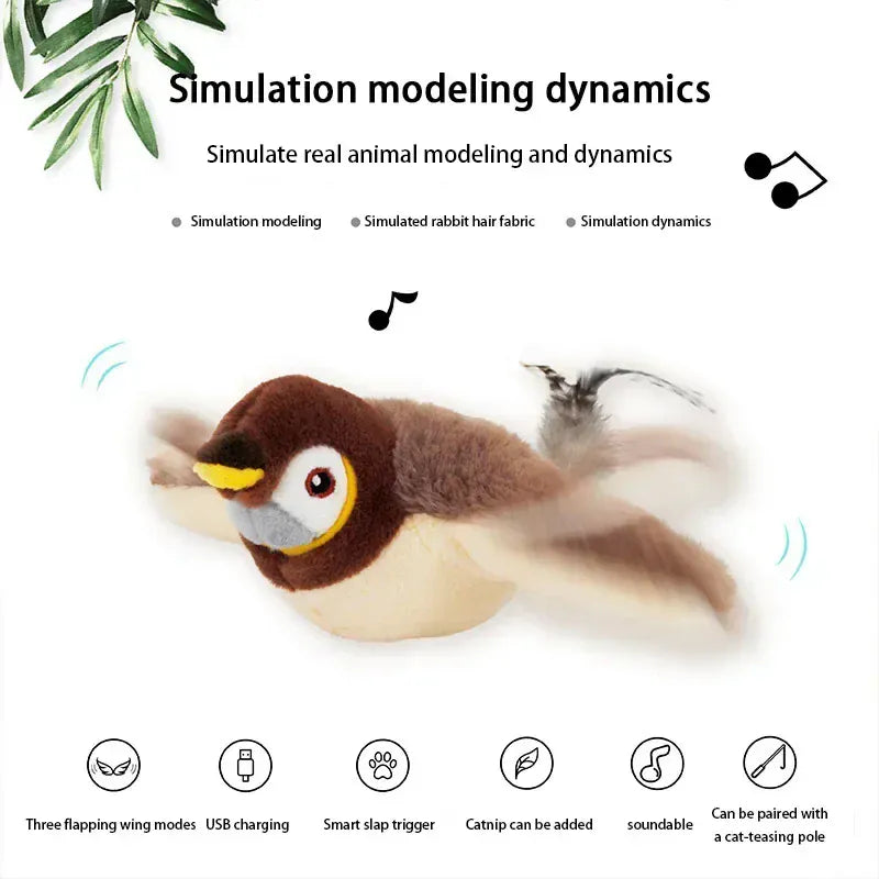 Electronic Flapping Bird Cat Toy - USB Rechargeable Touch Activated with Catnip
