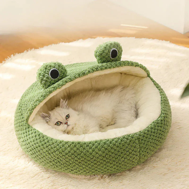 Frog Pet Nest - Winter Warm Plush Cat Bed & Small Dog House, Semi-Enclosed Puppy Villa with Removable Cushion, Anti-Slip Bottom