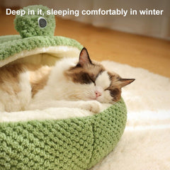 Frog Pet Nest - Winter Warm Plush Cat Bed & Small Dog House, Semi-Enclosed Puppy Villa with Removable Cushion, Anti-Slip Bottom