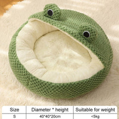 Frog Pet Nest - Winter Warm Plush Cat Bed & Small Dog House, Semi-Enclosed Puppy Villa with Removable Cushion, Anti-Slip Bottom