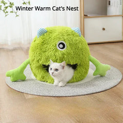 Frog Pet Nest - Winter Warm Plush Cat Bed & Small Dog House, Semi-Enclosed Puppy Villa with Removable Cushion, Anti-Slip Bottom