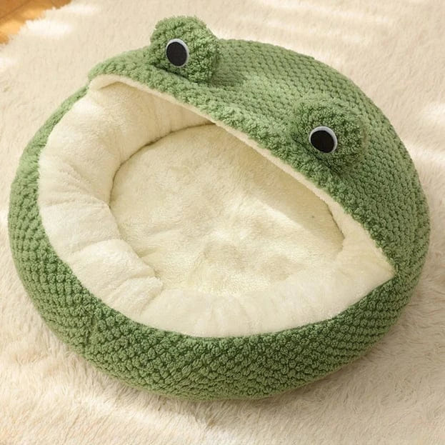 Frog Pet Nest - Winter Warm Plush Cat Bed & Small Dog House, Semi-Enclosed Puppy Villa with Removable Cushion, Anti-Slip Bottom