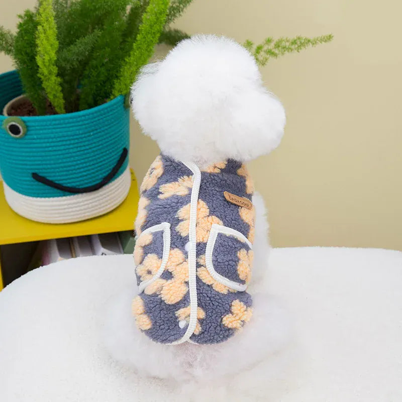 Full Print Flower Pet Vest – Autumn & Winter Fashion Dog Coat | Cozy Two-Legged Puppy Cardigan for Small Dogs
