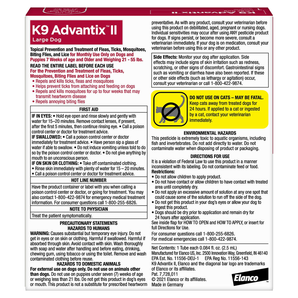 K9 Advantix II Large Dog – Vet-Recommended Flea, Tick & Mosquito Treatment for Dogs 21-55 lbs, 4-Month Supply