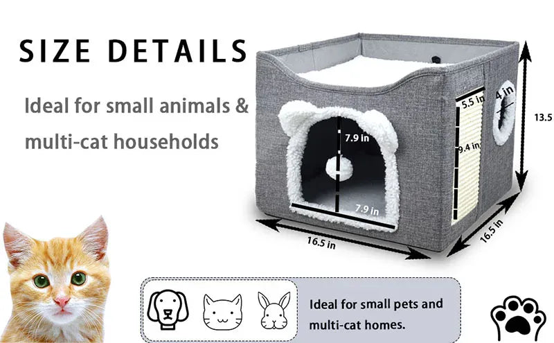 Large Cat House with Hanging Ball & Scratch Pad - Foldable Washable Pet Tent