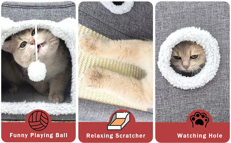 Large Cat House with Hanging Ball & Scratch Pad - Foldable Washable Pet Tent