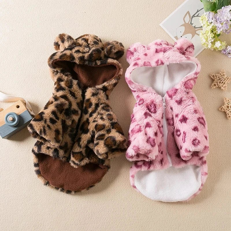 Leopard Print Winter Pet Jacket – Thickened Warm Coat for Small & Medium Dogs & Cats | Autumn/Winter Plush Pet Clothing