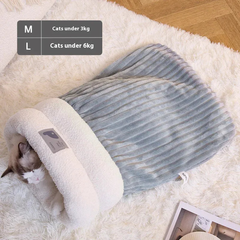 Self-Warming Cat Cave Bed with Tunnel - Plush Winter Hideaway & Sleeping Bag