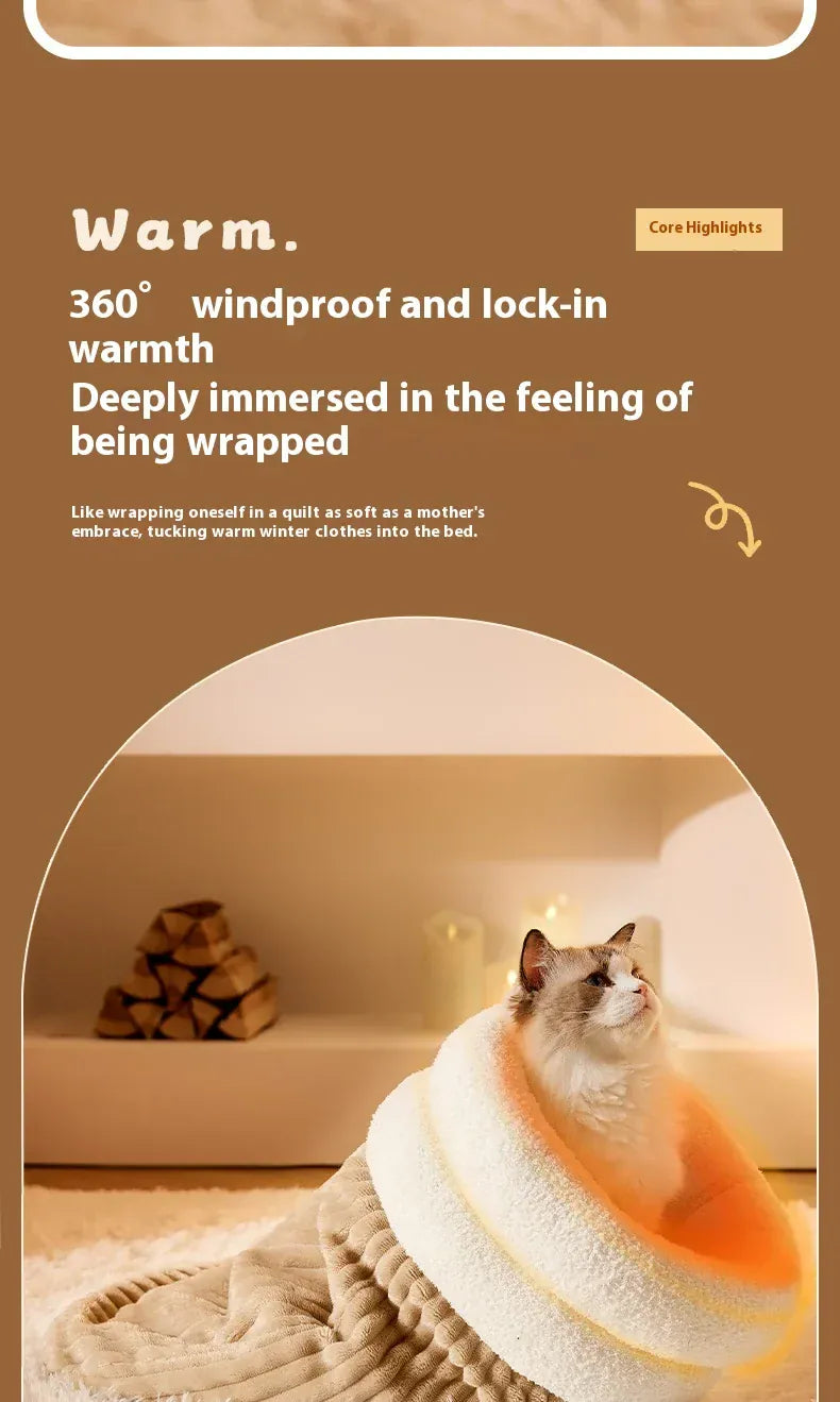 Self-Warming Cat Cave Bed with Tunnel - Plush Winter Hideaway & Sleeping Bag