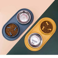 Stainless Steel Double Dog Bowl with Non-Slip Mat - Anti-Choking Slow Feeder