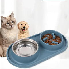 Stainless Steel Double Dog Bowl with Non-Slip Mat - Anti-Choking Slow Feeder