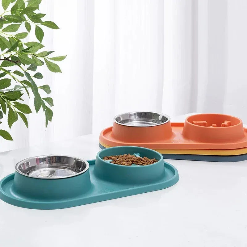 Stainless Steel Double Dog Bowl with Non-Slip Mat - Anti-Choking Slow Feeder