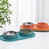 Stainless Steel Double Dog Bowl with Non-Slip Mat - Anti-Choking Slow Feeder