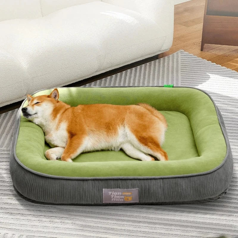 Dog resting peacefully on a plush crate bed cushionDog resting peacefully on a plush crate bed cushion