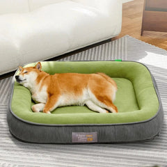 Dog resting peacefully on a plush crate bed cushionDog resting peacefully on a plush crate bed cushion