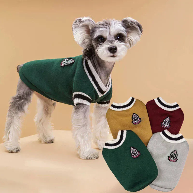 Winter Dog Sweater | College Style V-neck Knitwear for Small Dogs & Puppies – Cozy Puppy Vest & Kitty Jacket
