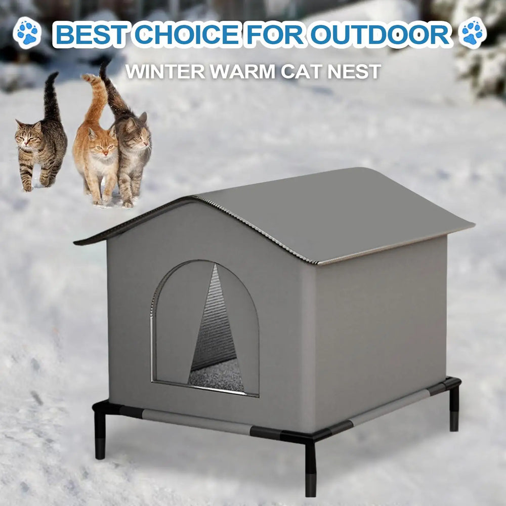 Durable weatherproof cat house placed in backyard for winter protection