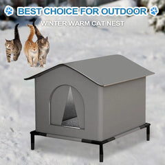 Durable weatherproof cat house placed in backyard for winter protection
