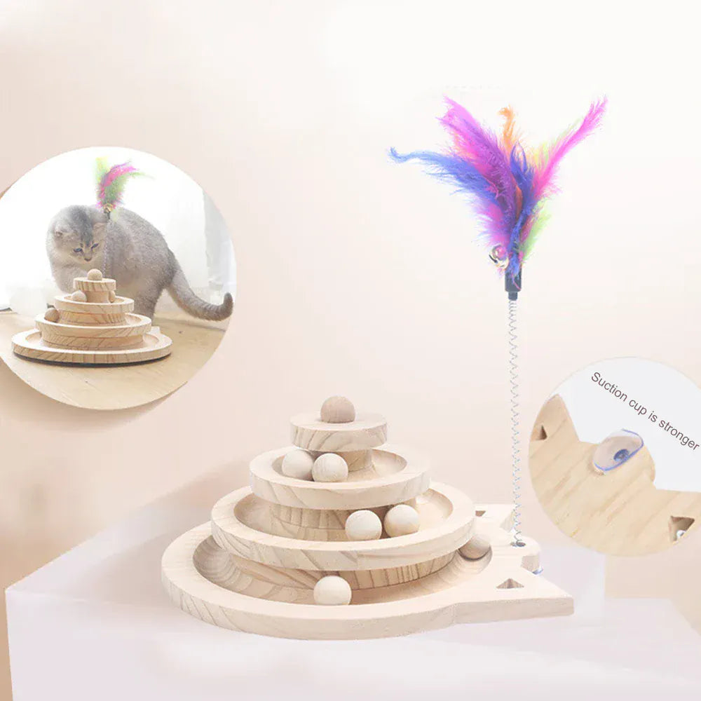 Wooden Cat Activity Tower – 3 Level Turntable Toy with Ball Tracks & Interactive Disc