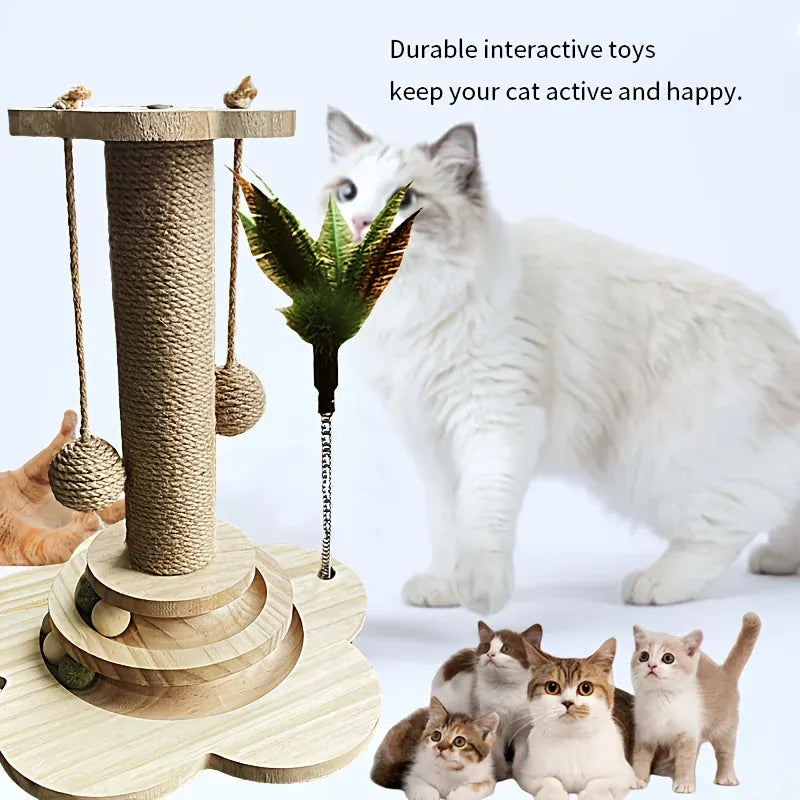 2-in-1 Indoor Cat Scratching Post – Sisal Scratching Pad with Ball Track & Teaser Wand