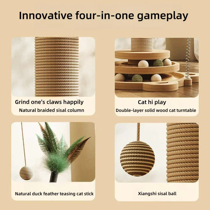 2-in-1 Indoor Cat Scratching Post – Sisal Scratching Pad with Ball Track & Teaser Wand
