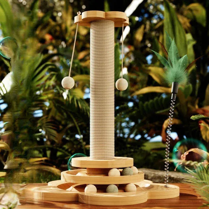 2-in-1 Indoor Cat Scratching Post – Sisal Scratching Pad with Ball Track & Teaser Wand
